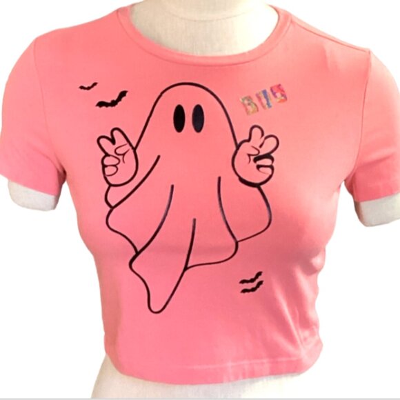 Wild Fable Cropped Graphic Tee Halloween Holiday Ghost Bats Boo Sz M Pink 157L - Picture 1 of 8